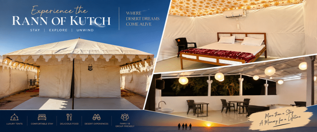 Swiss tents lit up at dusk near Dhordo in Kutch